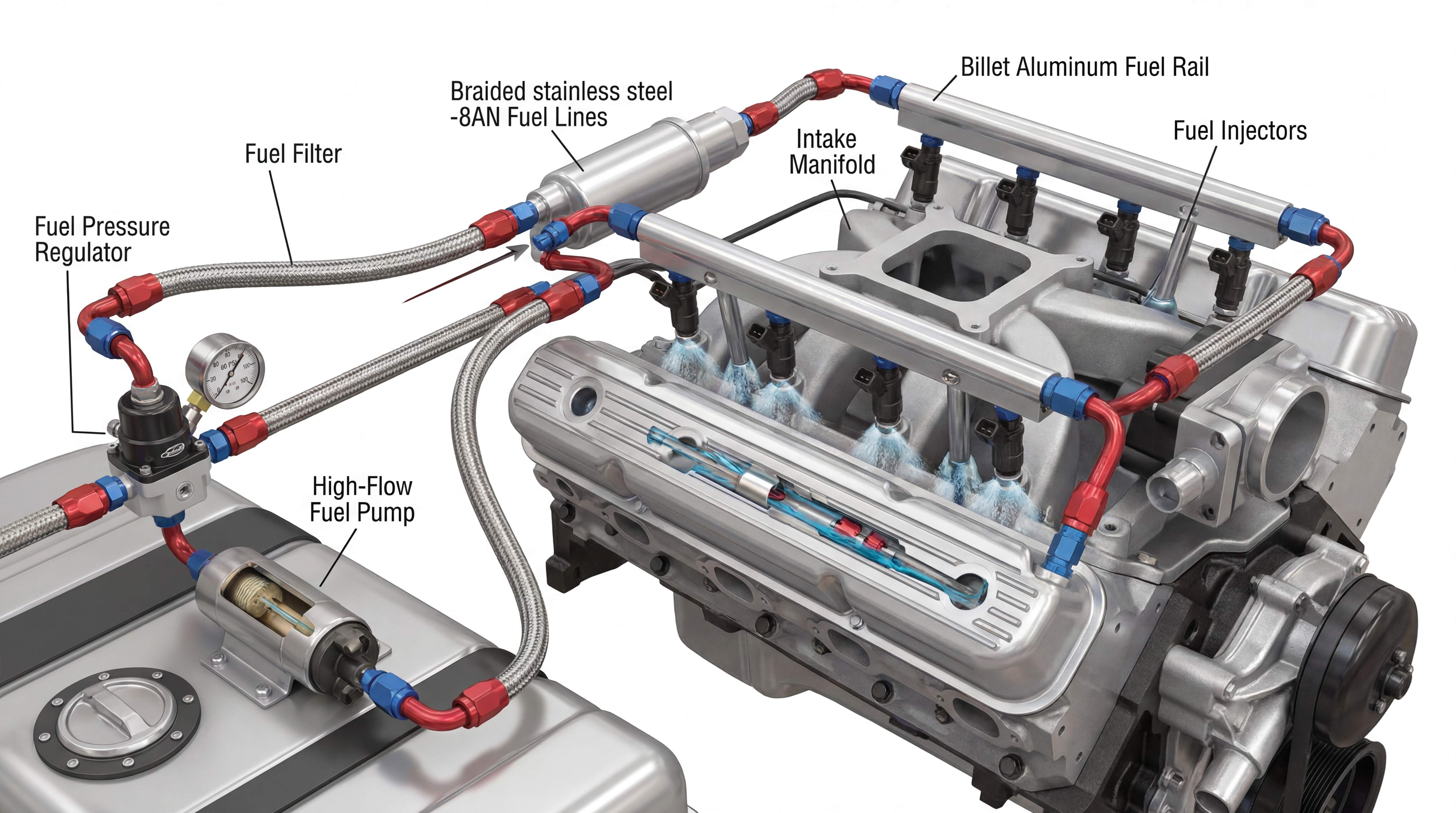 Performance EFI fuel system layout with -8AN braided fuel lines, high-flow fuel pump, fuel pressure regulator and billet fuel rail